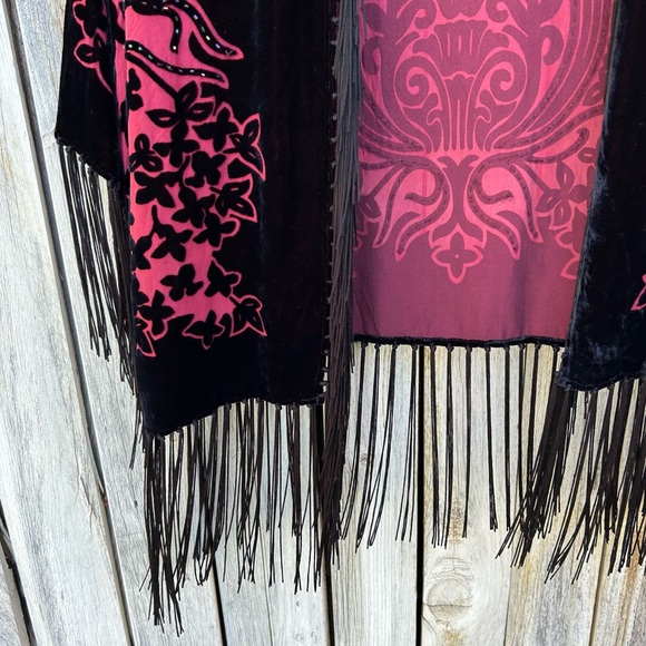 Vintage Y2K R&K Evening Silk Velvet Beaded Kimono Red Black S - Picture 6 of 17